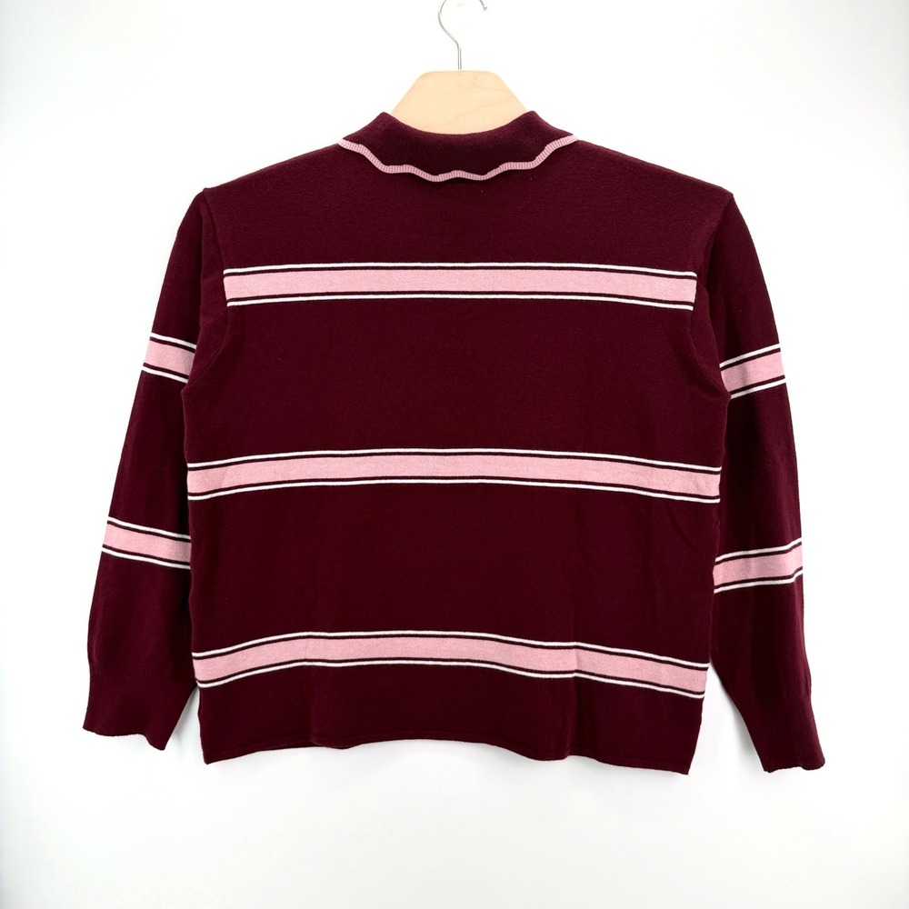 Maeve Anthropologie Knit Polo Women XL Wine Pink Scalloped Stripe Ruffle Sweater - Picture 5 of 12